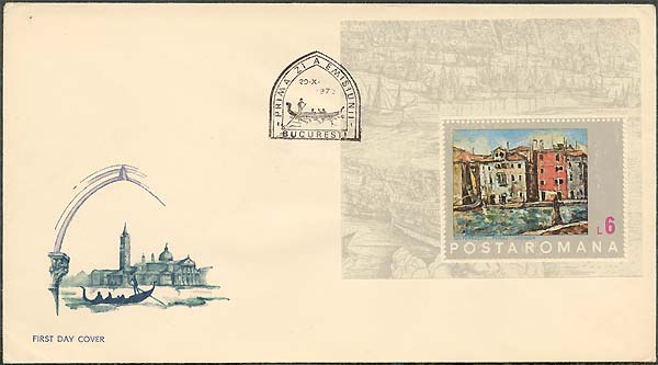 1972, Save Venice. FDC 10/20/1972.  Landscape in Chioggia, by Gh. Petrascu. Panoramic map of Venice by Jacobo de Barbari (1450-1615), Italian painter. Sc. 2380.