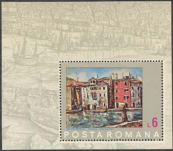 1972, Save Venice. Landscape in Chioggia, by Gh. Petrascu. Panoramic map of Venice by Jacobo de Barbari (1450-1615), Italian painter. Sc. 2380.