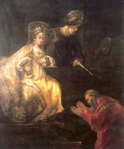 Rembrandt. Haman begging the mercy of Esther. Around 1660.