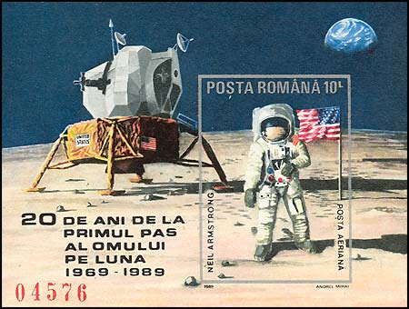 Romania, 1989. Neil Armstrong on the Moon, flag. Mi. Block 257.